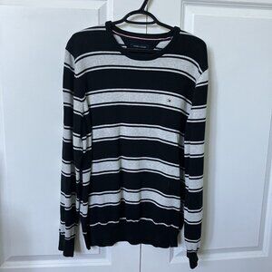 Tommy Hilfiger Sweater XL Stripe Cotton Logo‎ Black Gray Grandpa Knit